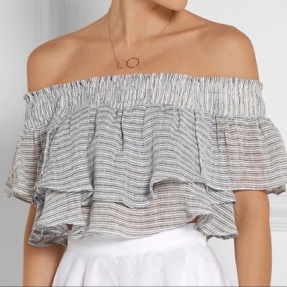 Apiece Apart Off-Shoulder Ruffled Crop Top in Light Gray Stripe